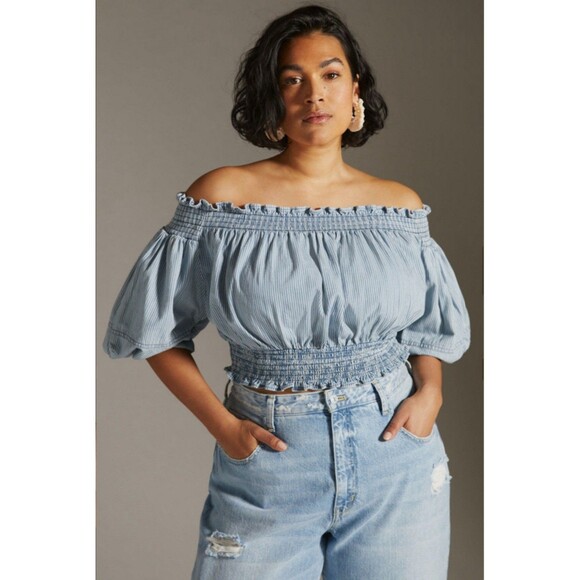 Anthropologie Porridge Top Sz L Ruby Off Shoulder Cropped Denim Striped Boho - Picture 3 of 16